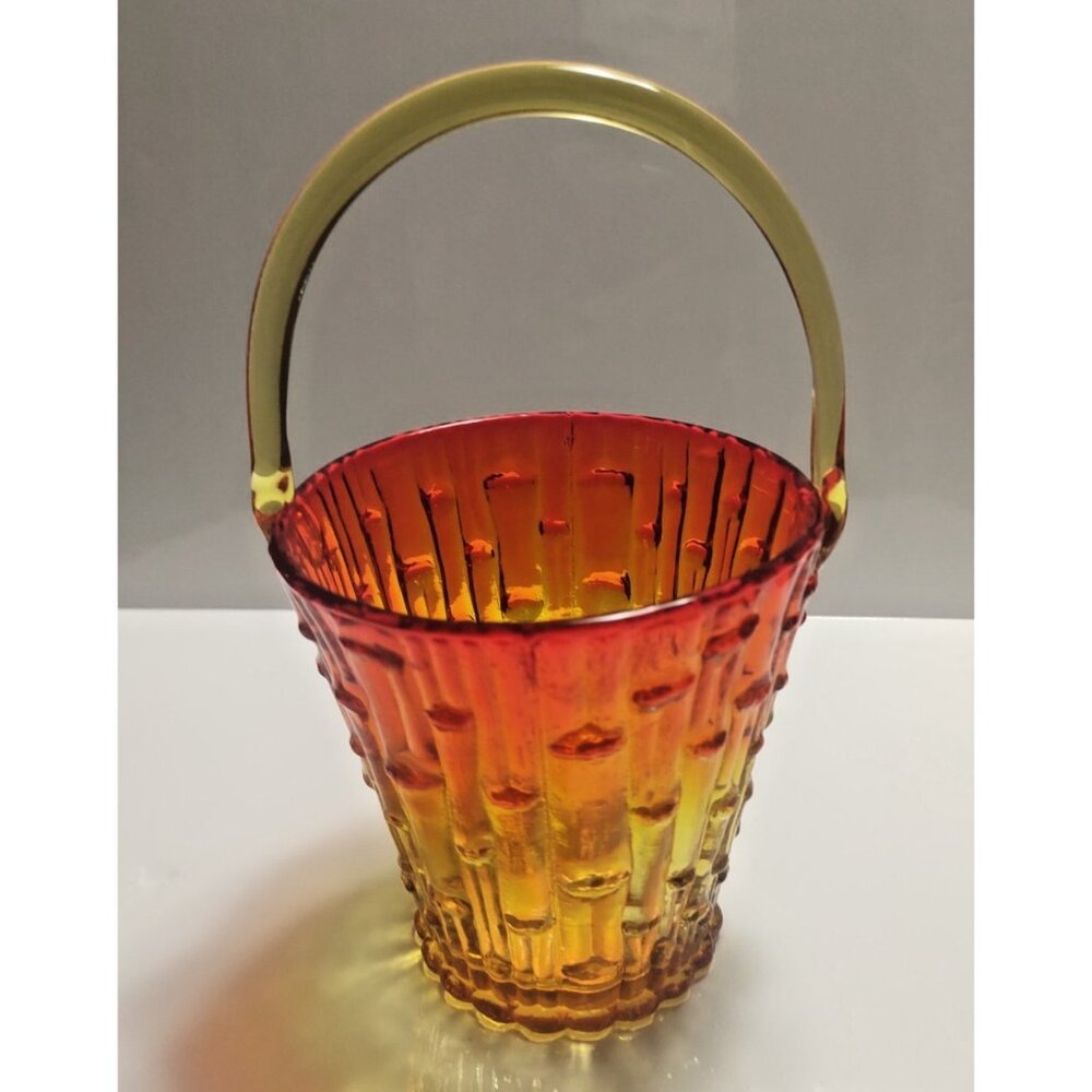 Vintage Italian Amberina Ruffled Edge Glass Basket with handle | MCM Home Decor